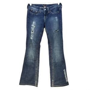 Bebe Blue Rhinestone Distressed Jeans Size 27